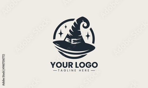 Black vector illustration of pointed witch hat with magical spark elements for logo use
