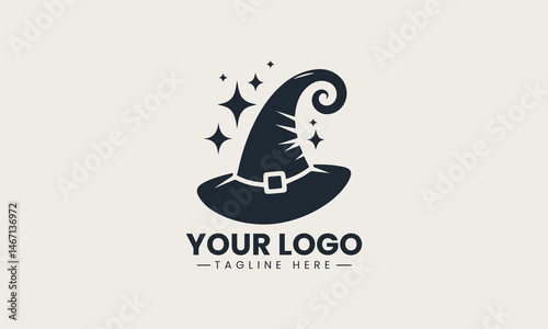 Simple black vector silhouette of a pointed witch hat with sparkling magical accents