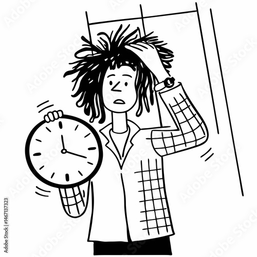 Employee working under pressure. Funny stressed young office worker with messy long hair holding clock, looking at wristwatch and panicking over missed deadline or being terribly late for work meeting
