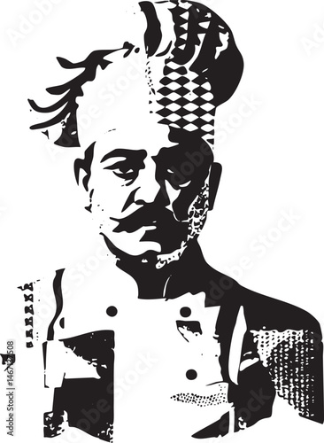 A striking black and white portrait depicts a man with an elaborate headdress.