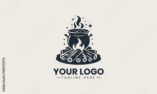 Simple vector silhouette of a cauldron boiling over flames with bubbling steam logo illustration