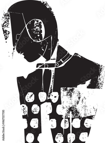 A silhouetted figure wears a helmet and gazes forward surrounded by scattered geometric shapes.