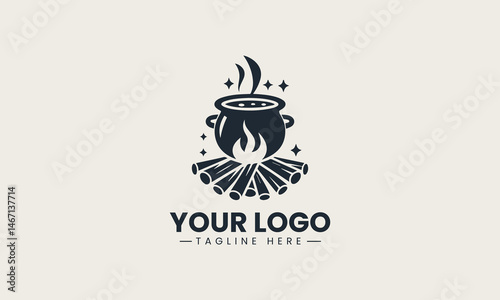 Simple vector silhouette of a cauldron boiling over flames with bubbling steam logo illustration