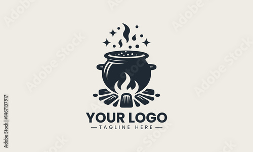 Black silhouette of bubbling cauldron over fire in simple vector style for logo design