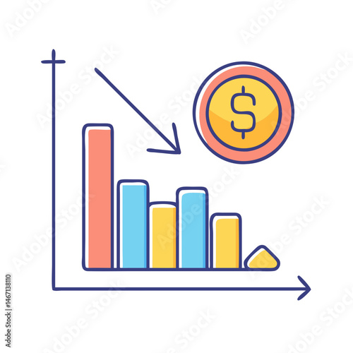 Understanding financial loss concept with bar graph and dollar coin showing economic decline and failure