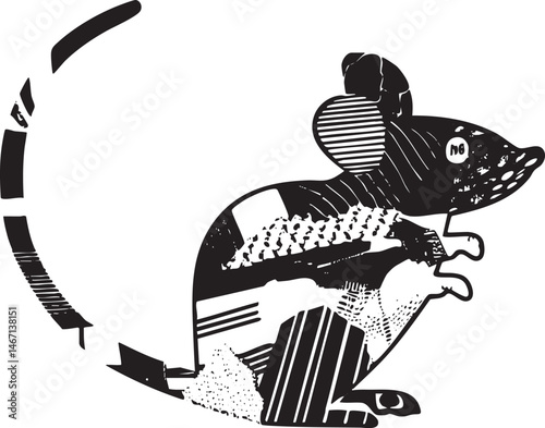A stylized black and white mouse playfully leaps across a textured surface.