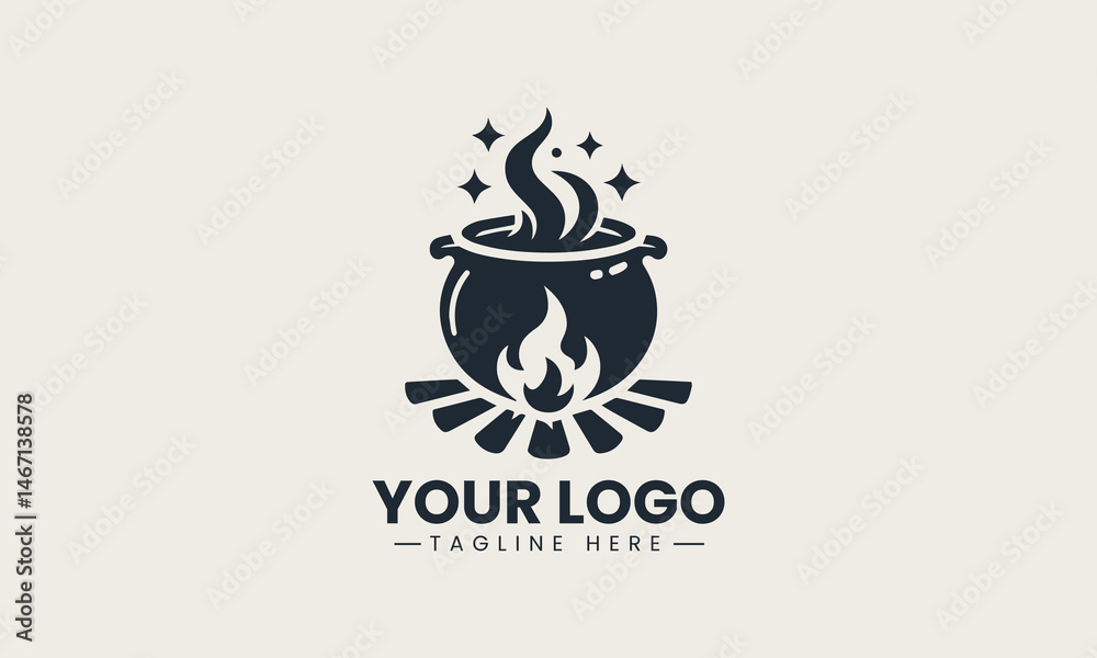 Silhouette of black cauldron bubbling on fire in simple vector logo illustration design Silhouette of black cauldron bubbling on fire in simple vector logo illustration design