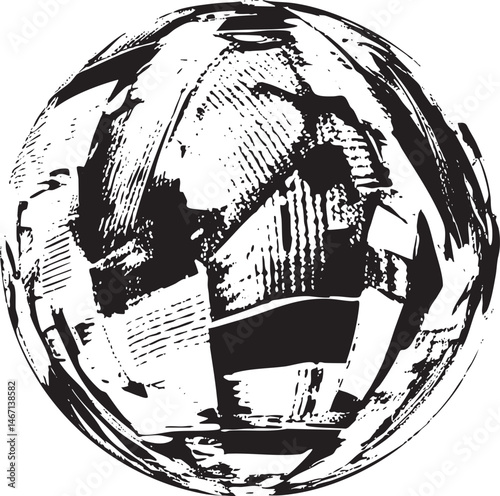 A monochrome sphere showcases a distant cityscape reflected within.