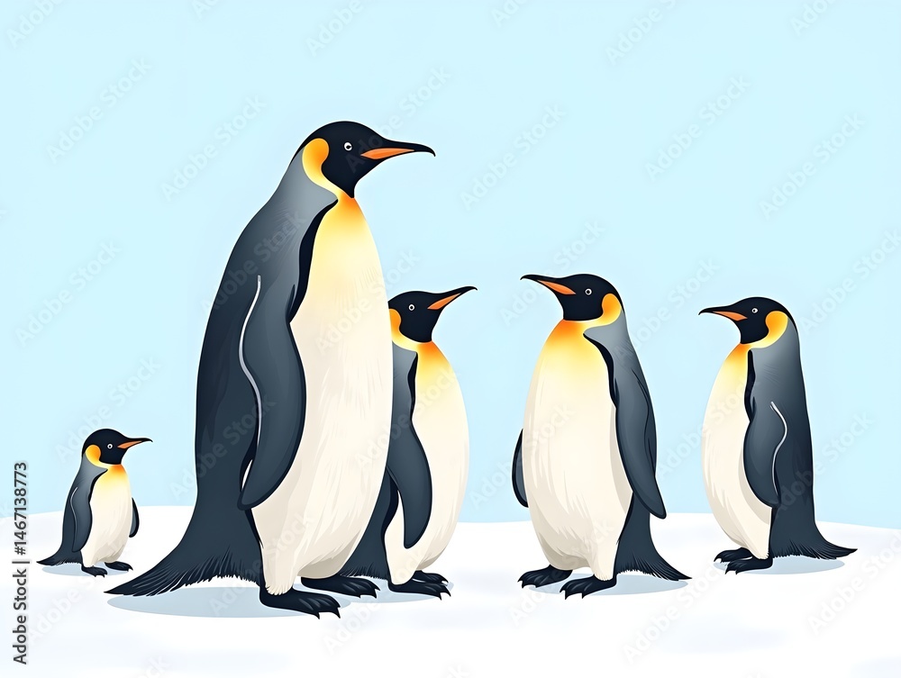Fototapeta premium Emperor Penguins Family Antarctic Wildlife Illustration.