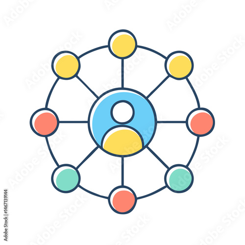 Explore network connection diagram with central person and peripheral connections concept art
