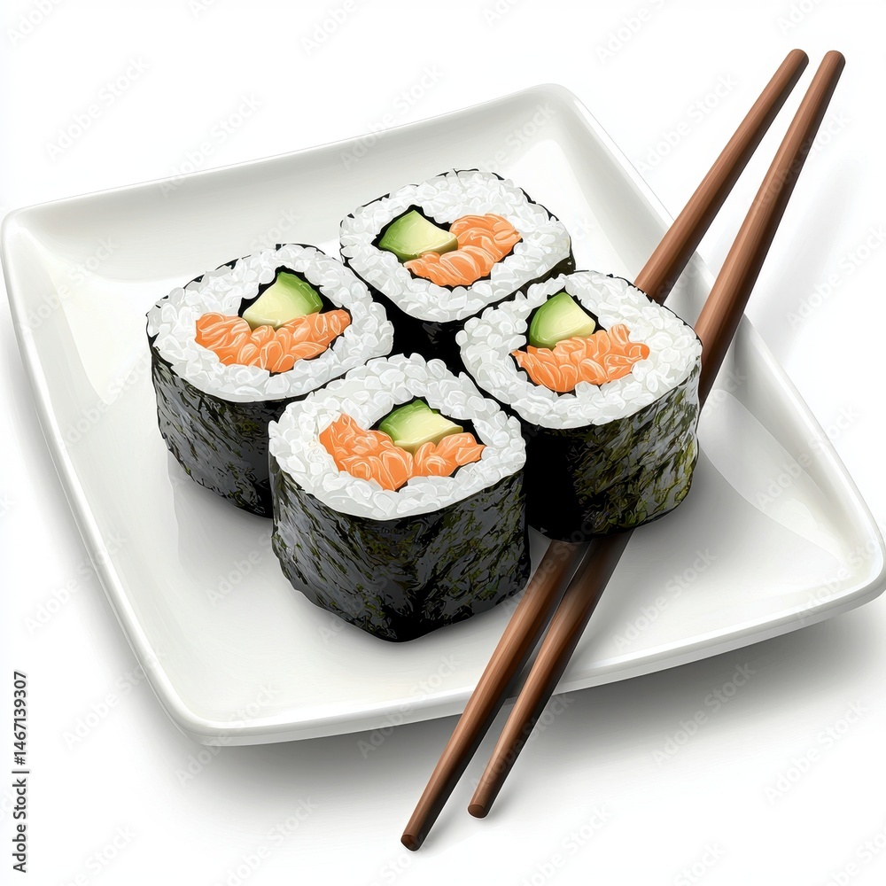 Four Salmon Avocado Sushi Rolls on White Plate with Chopsticks Four Salmon Avocado Sushi Rolls on White Plate with Chopsticks