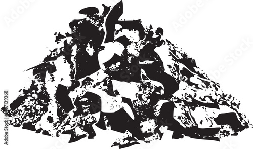 A lone figure stands amidst a chaotic textured pile of dark shapes.