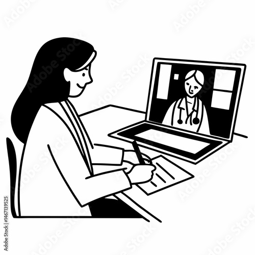 Female doctor writes notes while watching an online medical webinar or training seminar while sitting with a laptop in the workplace. Positive doctor does his best to provide quality medical care