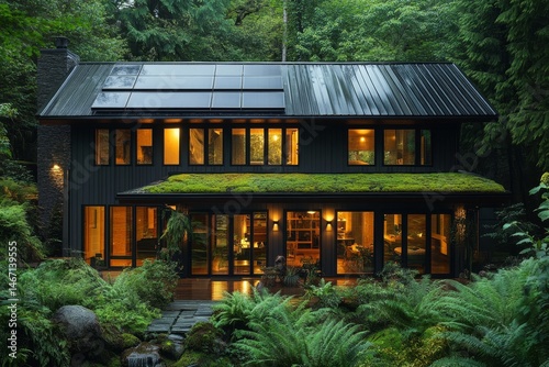 Modern, dark-hued house nestled within a lush forest.