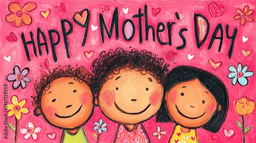 Happy mother's day illustration with three smiling children and flowers on a pink background design