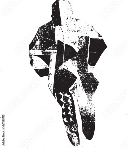 A fragmented abstract human figure emerges from a textured background.