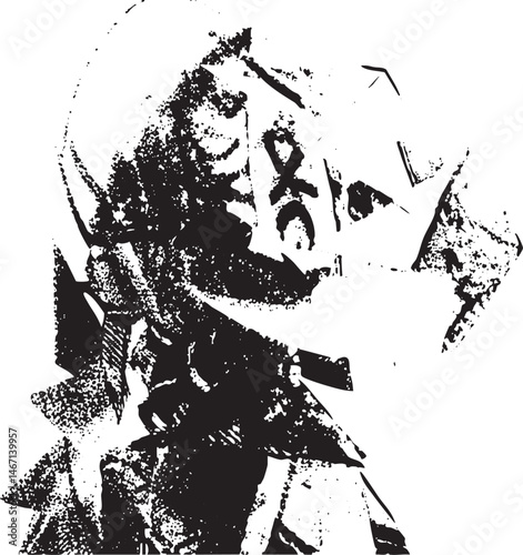 A solitary figure gestures towards the with a raised hand.