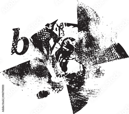 A distressed fragmented letter 'b' dominates a textured black and white composition.