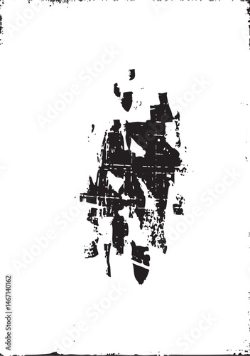 Fragmented black shapes appear against a white background.
