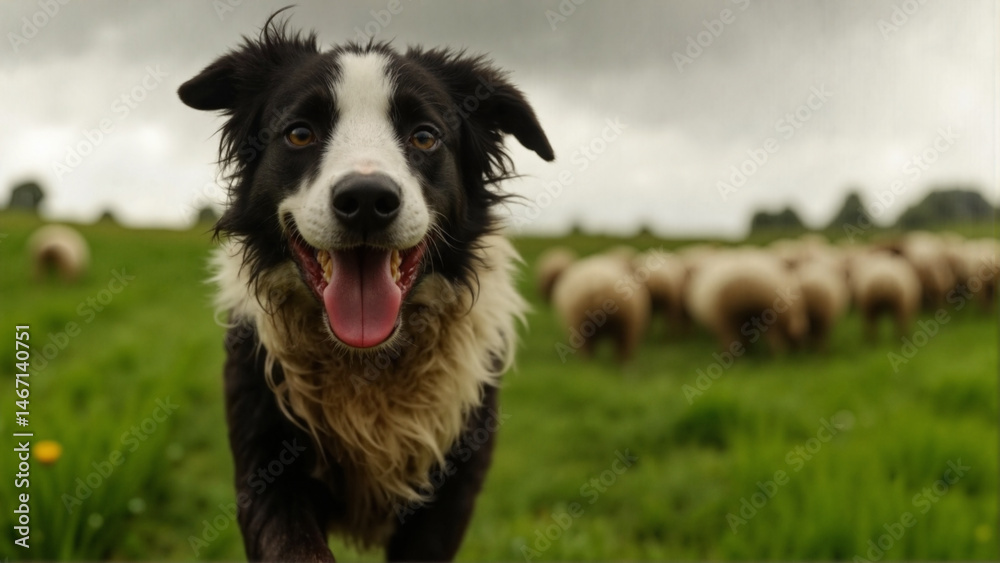 Happy border collie smiling and herding sheep in green field Happy border collie smiling and herding sheep in green field