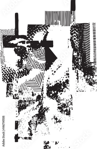 A fragmented textured black and white abstract portrait emerges from geometric shapes.