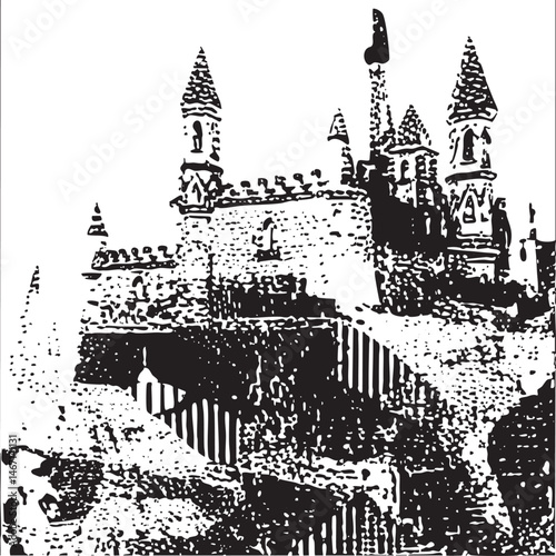 A stylized black and white depicts a majestic with multiple towers rising above a stone bridge.