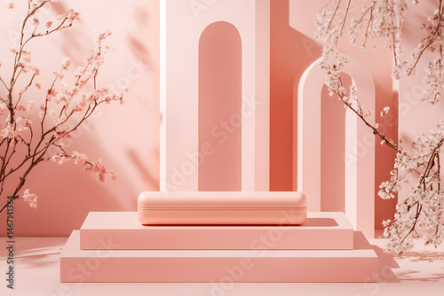 Minimalist pink display featuring a smooth object with floral accents and geometric shapes