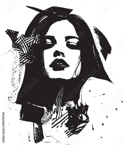 A woman with a striking expression gazes intently at the viewer within a dramatic black and white portrait.
