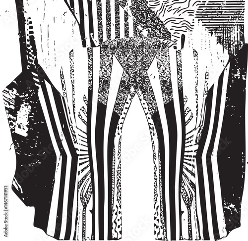 A solitary figure stands within a complex grid of vertical lines and intersecting shapes.