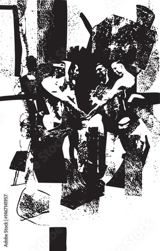 Three figures gather within a complex layered abstract structure.