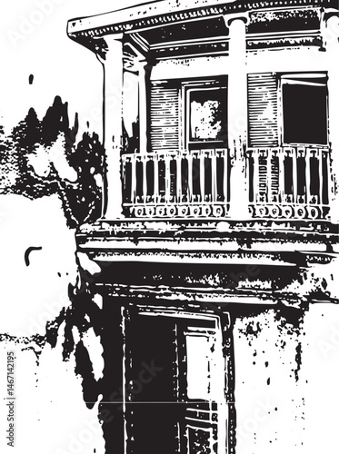 A weathered building with a balcony features a single window and ornate railings.