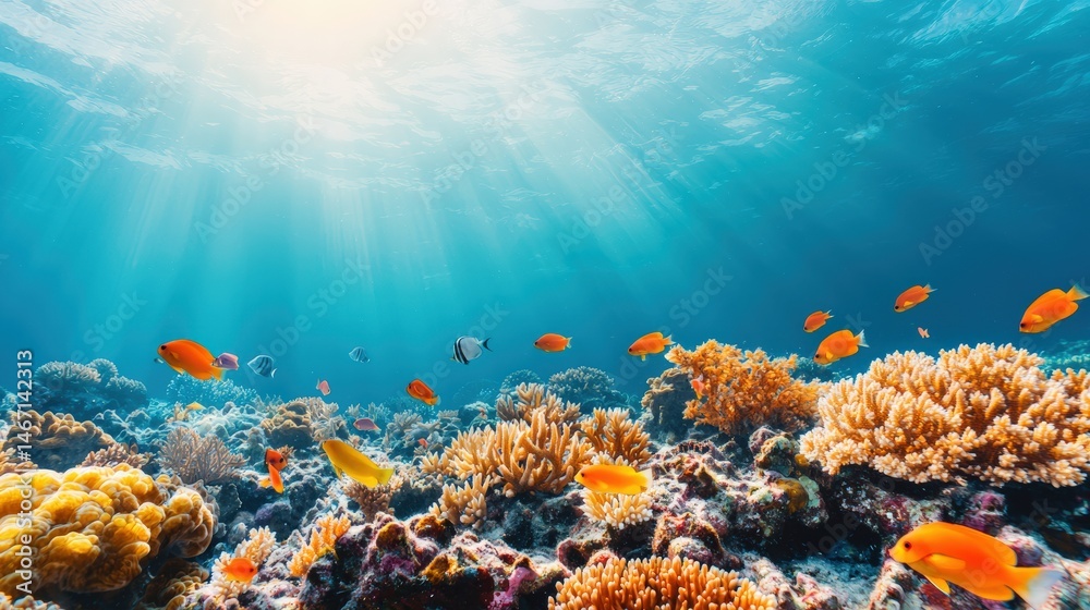 Naklejka premium A vibrant coral reef teeming with colorful fish and illuminated by sun rays underwater.