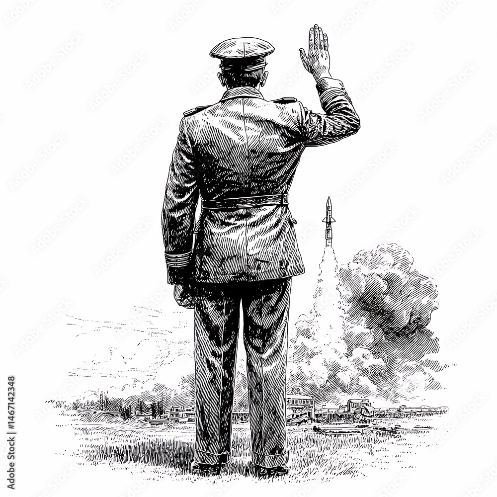 Military Officer Saluting Rocket Launch Space Center Halftone Illustration Outdoor Rear View Historical Significance