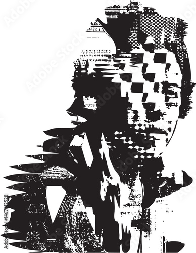 A grayscale portrait depicts a figure with fragmented geometric shapes overlaid on its face.