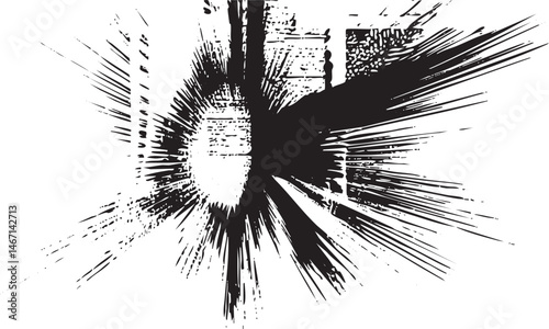 A solitary eye emerges from a chaotic burst of lines and shapes.