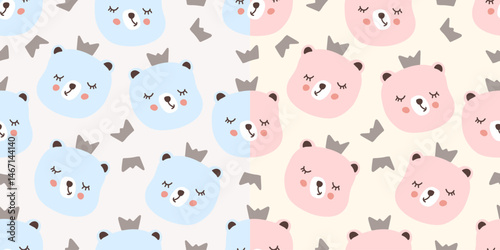 Cute seamless patterns set of blue and pink bear faces with crowns. Vector illustration
