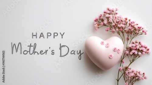 Happy mother's day text with pink heart shaped object and pink flowers on a white background