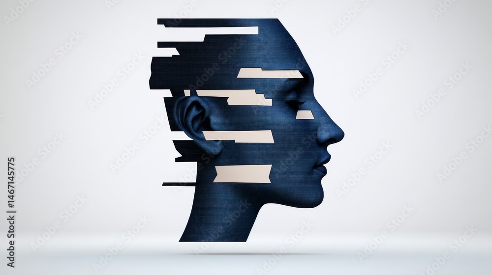 Abstract profile silhouette with layered textures in blue and beige tones Abstract profile silhouette with layered textures in blue and beige tones