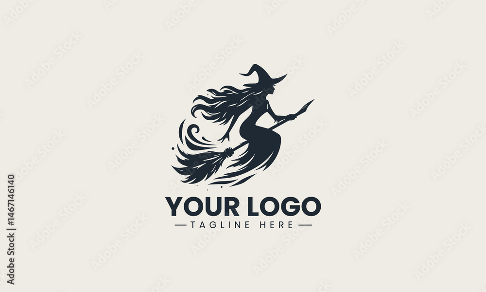 Obraz premium Black silhouette of a flying witch on broom in front of glowing full moon vector logo illustration