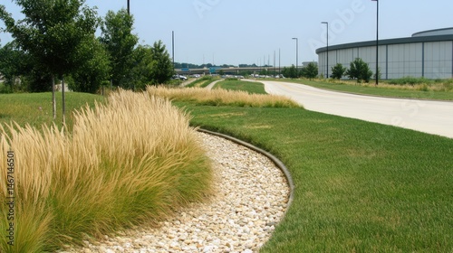 Landscaping along paved road, highway view, grassy median. Possible use Stock photo for landscaping design, urban planning, or environmental projects