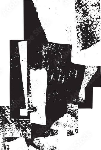 Fragmented geometric shapes dominate a textured black and white composition.