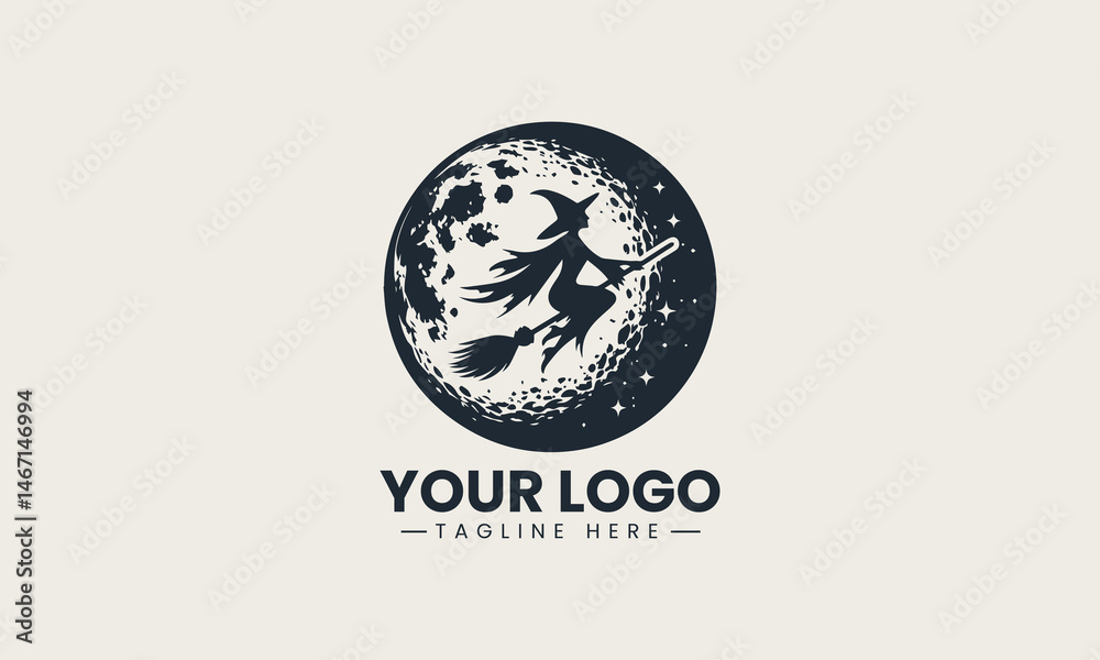Obraz premium Silhouette of witch flying on broom across full moon in dramatic vector logo illustration design