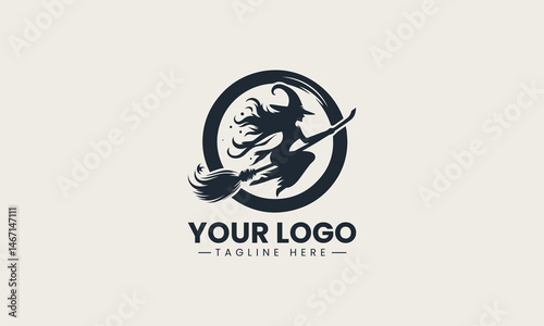 Silhouette of witch flying on broom across full moon in dramatic vector logo illustration design