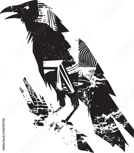 A stylized raven silhouette perches against a textured urban backdrop.