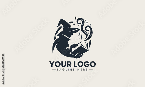 Silhouette of wizard reading magic book with glowing staff in mystical vector logo illustration design