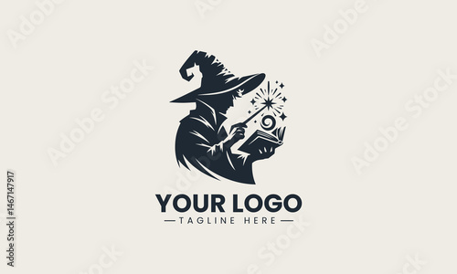 Vector logo of a wizard silhouette reading spellbook and holding magical glowing staff in fantasy illustration design