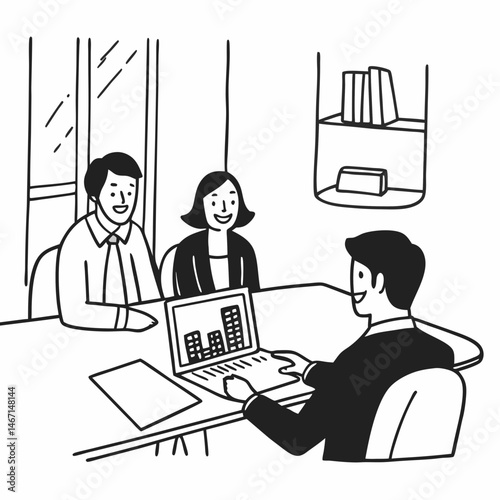 Happy future house buyers meeting real estate agent. Professional realtor talking to clients and offering flats options on computer. Smiling couple consulting bank worker or loan broker at her office