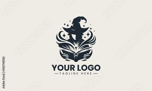 Vector logo of a wizard silhouette reading spellbook and holding magical glowing staff in fantasy illustration design