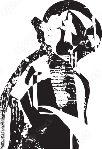 A solitary figure embraces a stylized reaping hook.