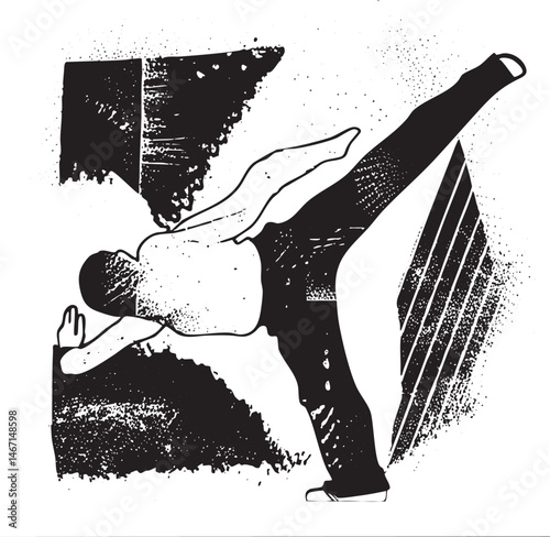 A silhouetted figure performs a dynamic kicking motion against geometric shapes.